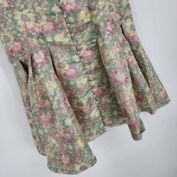 Shein Mini Dress S Pink Colorful Metallic Floral Puff Sleeve Button Front Pleat - Picture 6 of 12